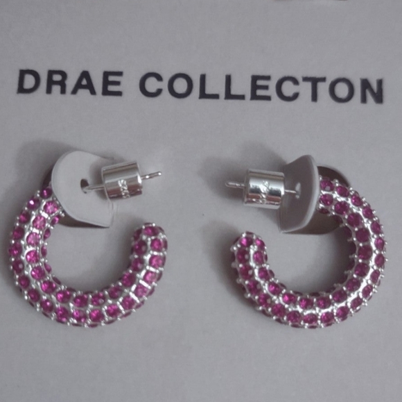 Drae Collection Pink Crystal Studded Silver Hoop Earrings Y2K Barbiecore Bling - Picture 1 of 2